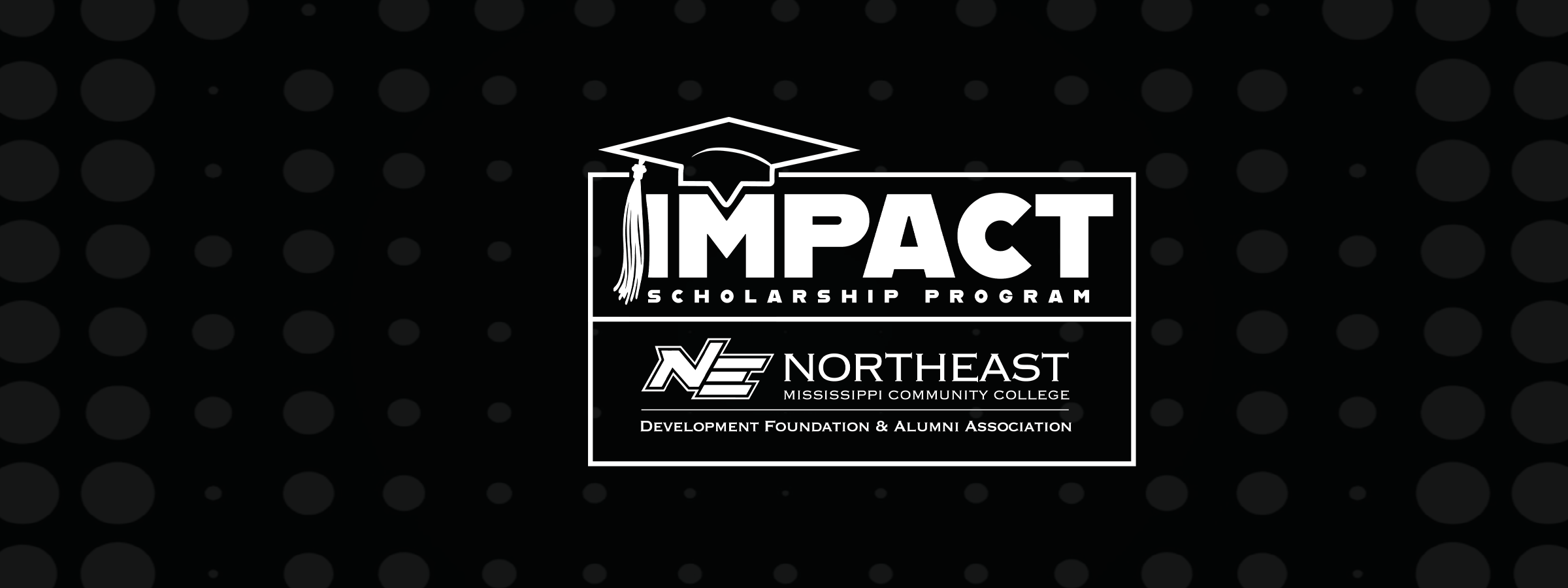 Impact Scholarship Program Logo for Northeast Mississippi Community College featuring a graduation cap and tassel