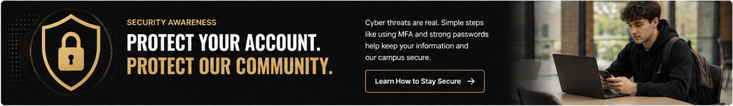 Cybersecurity awareness banner advising users to deny unexpected MFA prompts, with icons for tapping “No/It’s not me,” reporting suspicious requests, and only tapping “Yes” when expected.