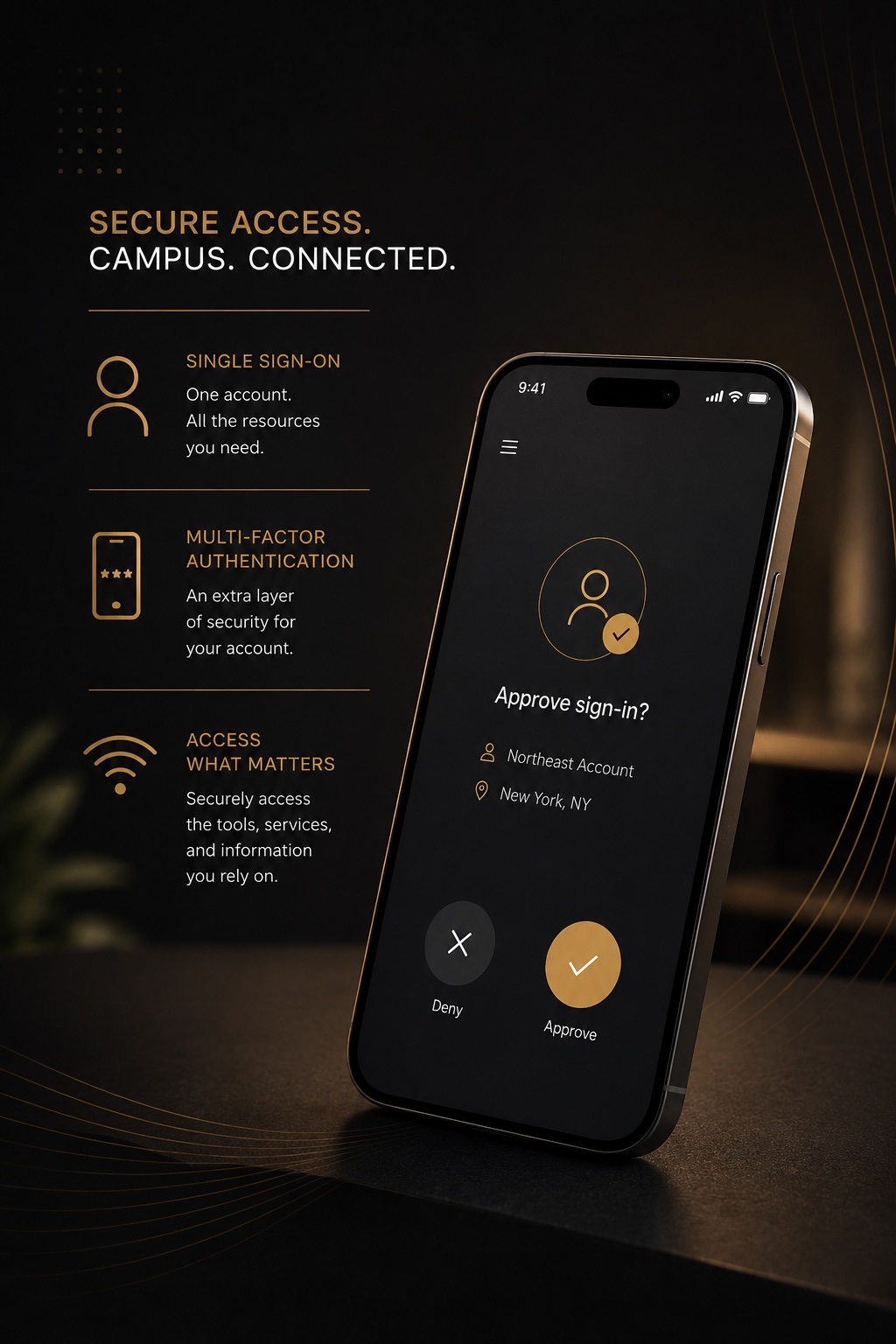Multi-factor authentication (MFA) illustration with a shield-and-lock icon and a smartphone showing a sign-in request code with Deny and Approve buttons.