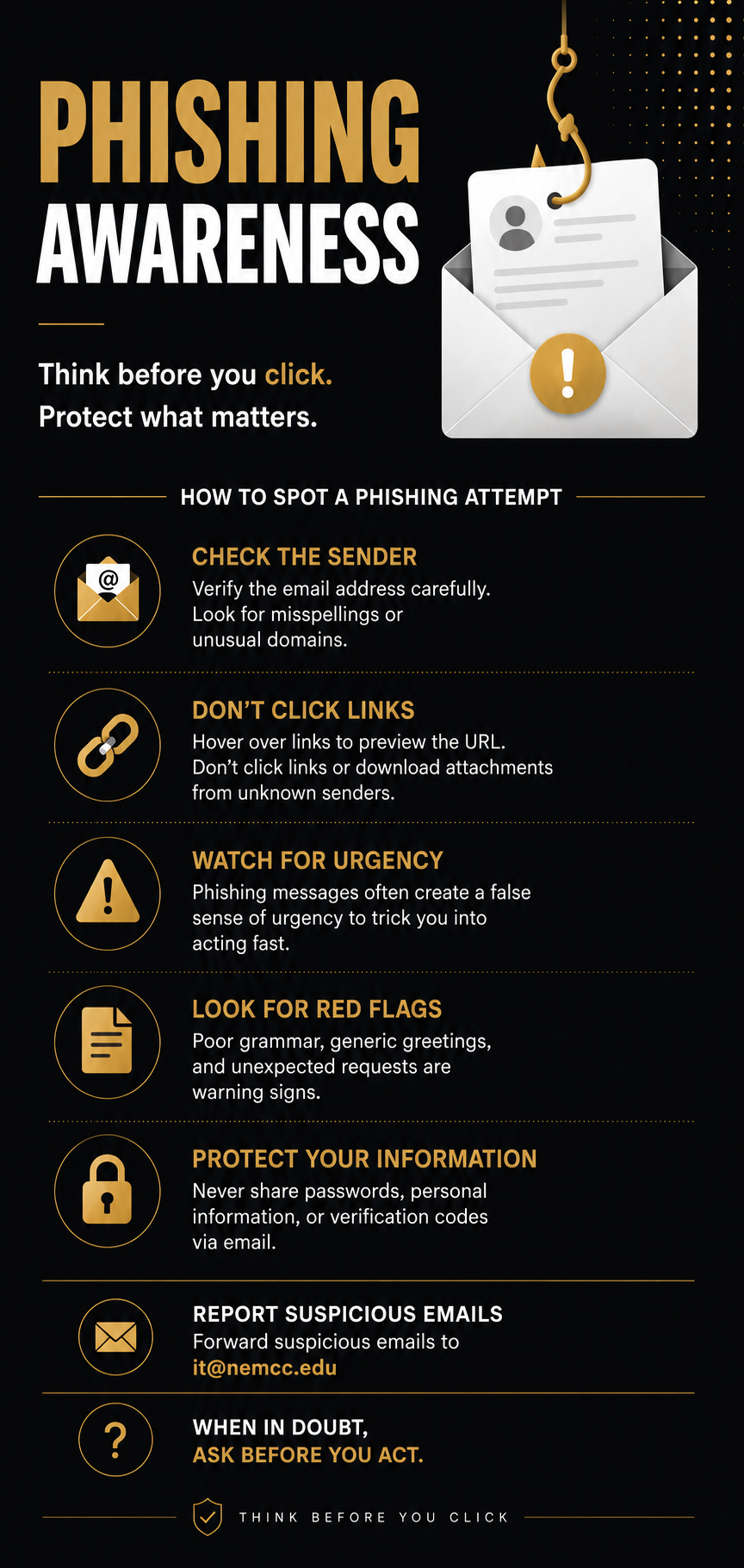 Phishing awareness infographic with a fishhook catching an email icon and tips to spot phishing attempts, including checking the sender, avoiding links, watching for urgency, and protecting personal信息
