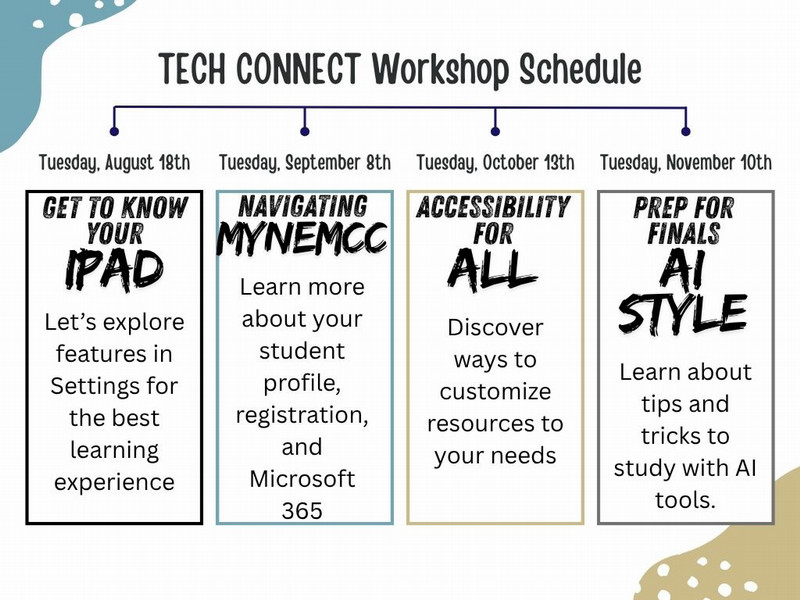workshop schedule - August 18th, September 8th, October, 13th, November 10th