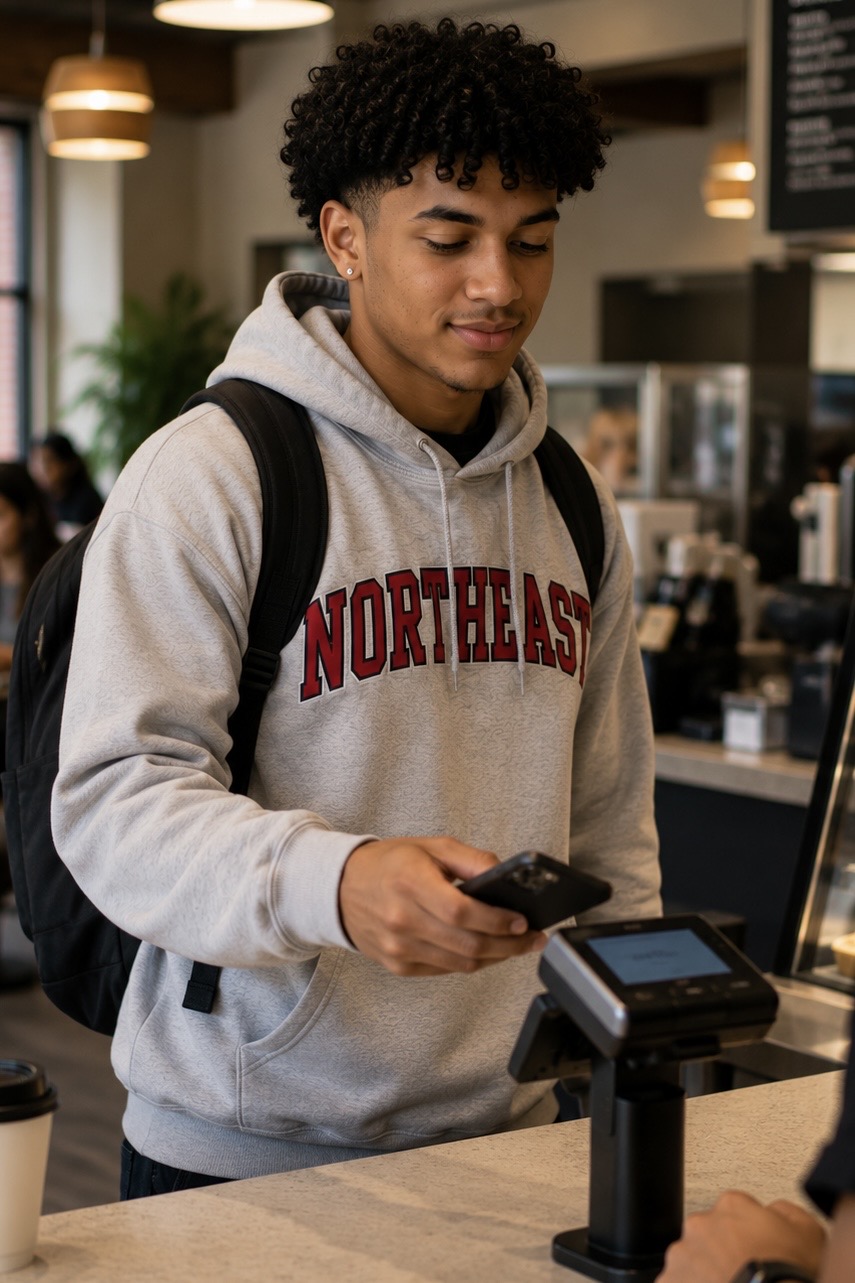 Student in a gray "NORTHEAST" hoodie and backpack taps a smartphone to pay at a cafe counter.