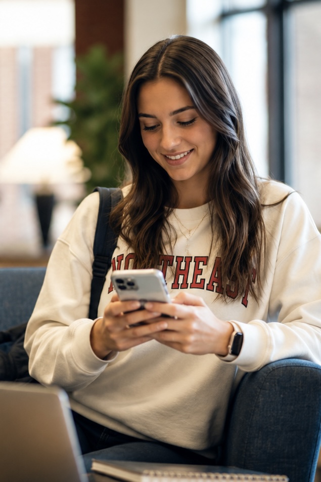 Smiling woman sitting on a couch and looking at her smartphone in a bright indoor lounge, with a laptop nearby.